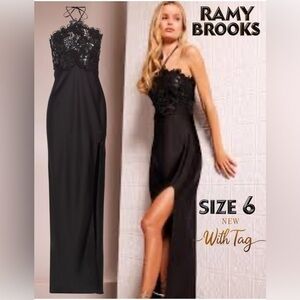 Ramy Brook‎ Mora Floral Lace Bodice Halter Gown Black Embellished sz 6